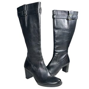 Ecco Women’s Black Leather Stacked Heel Boot Adjustable Calf Buckle Size EU 41